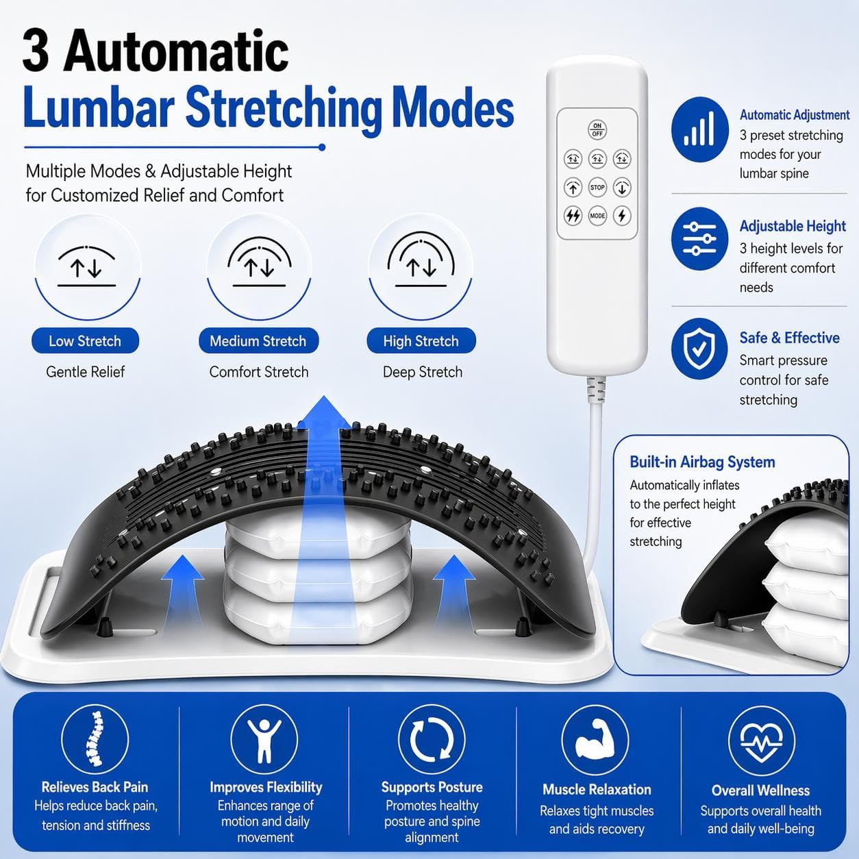 BREEV® Back Stretcher with EMS Electric Pulse Massage, Lumbar Support for Lower Back Pain Relief, Adjustable Spine Decompression Device, 108 Acupressure Nodes & Remote Control