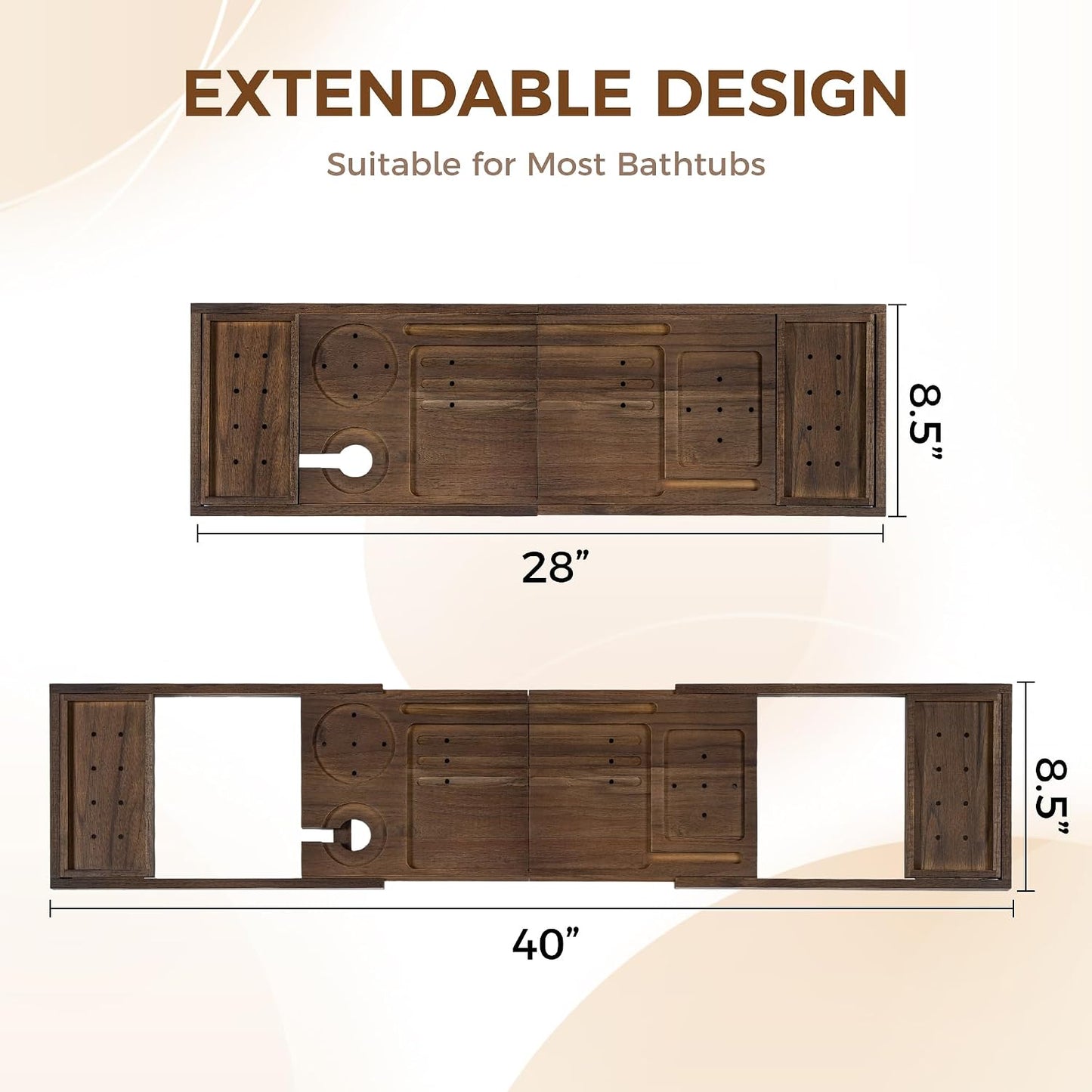 Teak Bathtub Tray - Luxury Bath Tray with Expandable Handles, Wine Glass and Phone Holders, Book Stand - Perfect for Home Spa Relaxation and Reading - Natural Bath Accessories - Dark Walnut Color