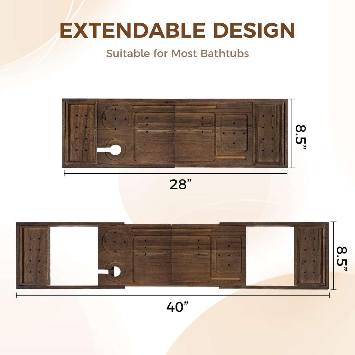 Teak Bathtub Tray - Luxury Bath Tray with Expandable Handles, Wine Glass and Phone Holders, Book Stand - Perfect for Home Spa Relaxation and Reading - Natural Bath Accessories - Dark Walnut Color