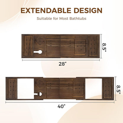 Teak Bathtub Tray - Luxury Bath Tray with Expandable Handles, Wine Glass and Phone Holders, Book Stand - Perfect for Home Spa Relaxation and Reading - Natural Bath Accessories - Dark Walnut Color