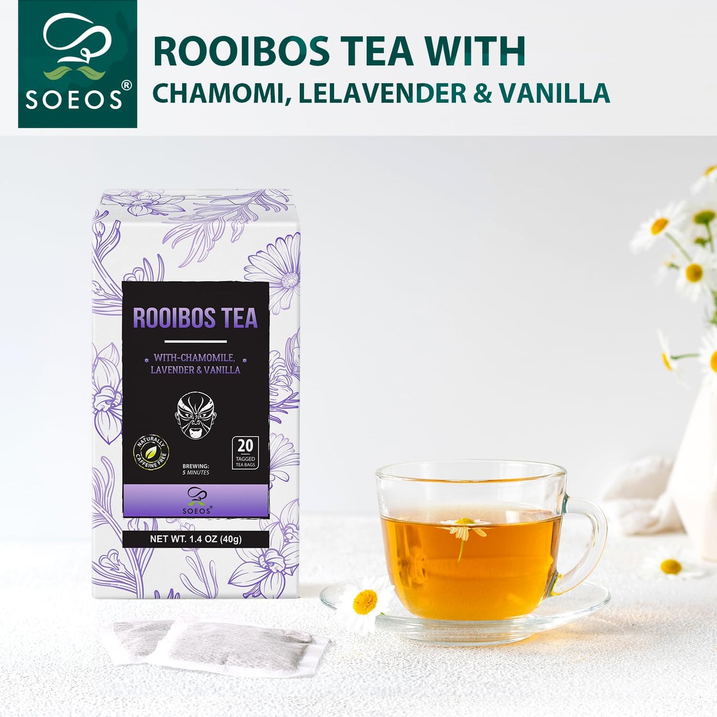Soeos Organic Rooibos Tea, 100 Count (Pack of 1), Naturally Sweet Herbal Tea, Caffeine Free, USDA Organic, Red Rooibos Tea Bags, Farmed in South Africa 9oz (250g)