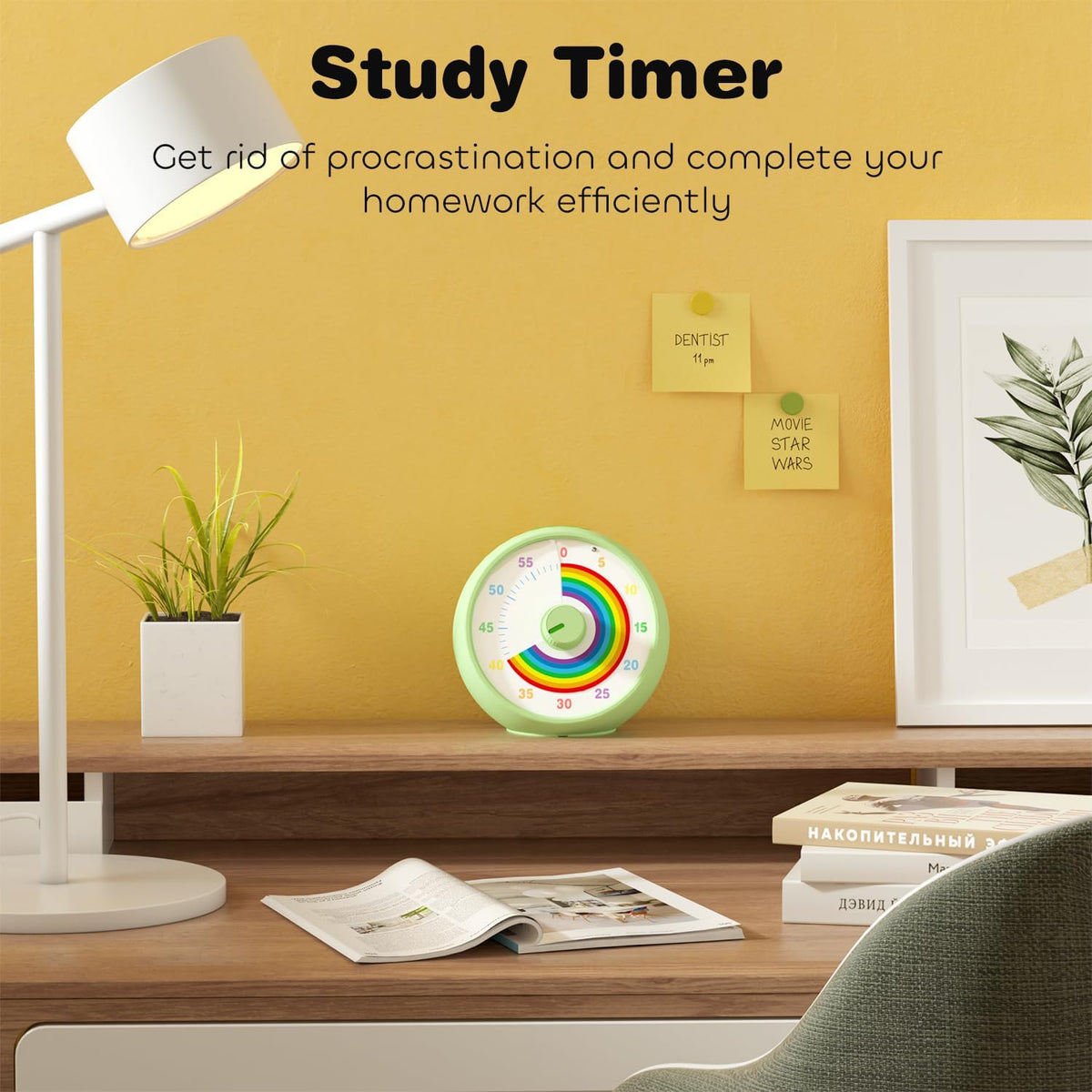 Visual Timer for Kids, 60-Minute Countdown Timer for Classroom Office Kitchen, Desk Timer Kids Time Management Tools with Silent Operation, Pomodoro Time Rainbow Pattern (Grass Green)