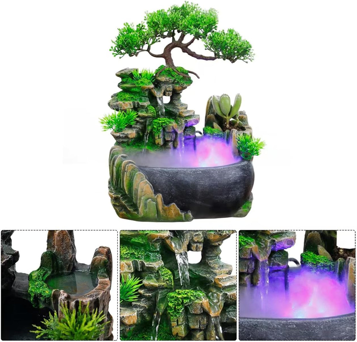 11-Inch Tabletop LED Waterfall Fountain with Mist Effect – Quiet Resin Rockery Indoor Fountain for Bedroom, Office, Meditation & Home Décor