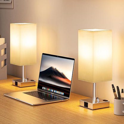 Bedside Table Lamps Set of 2 for Bedroom - Dimmable, USB C+A, 2 AC Outlets