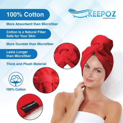 KEEPOZ 100% Cotton Hair Towel Wrap Quick Dry Super Absorbent Turban Head Wrap for Women with Button, Anti Frizz, Hair Cap for Curly, Long & Thick Hair (White, 1 Pc)