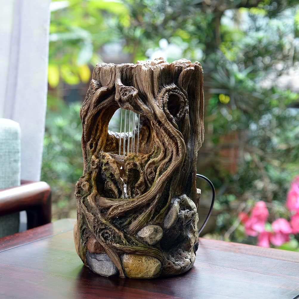 GOSSI Indoor Water Fountain Stump Rain Drop Meditation Desk Fountain Artistic Relaxation Waterfall for Home and Office Decor (22013)