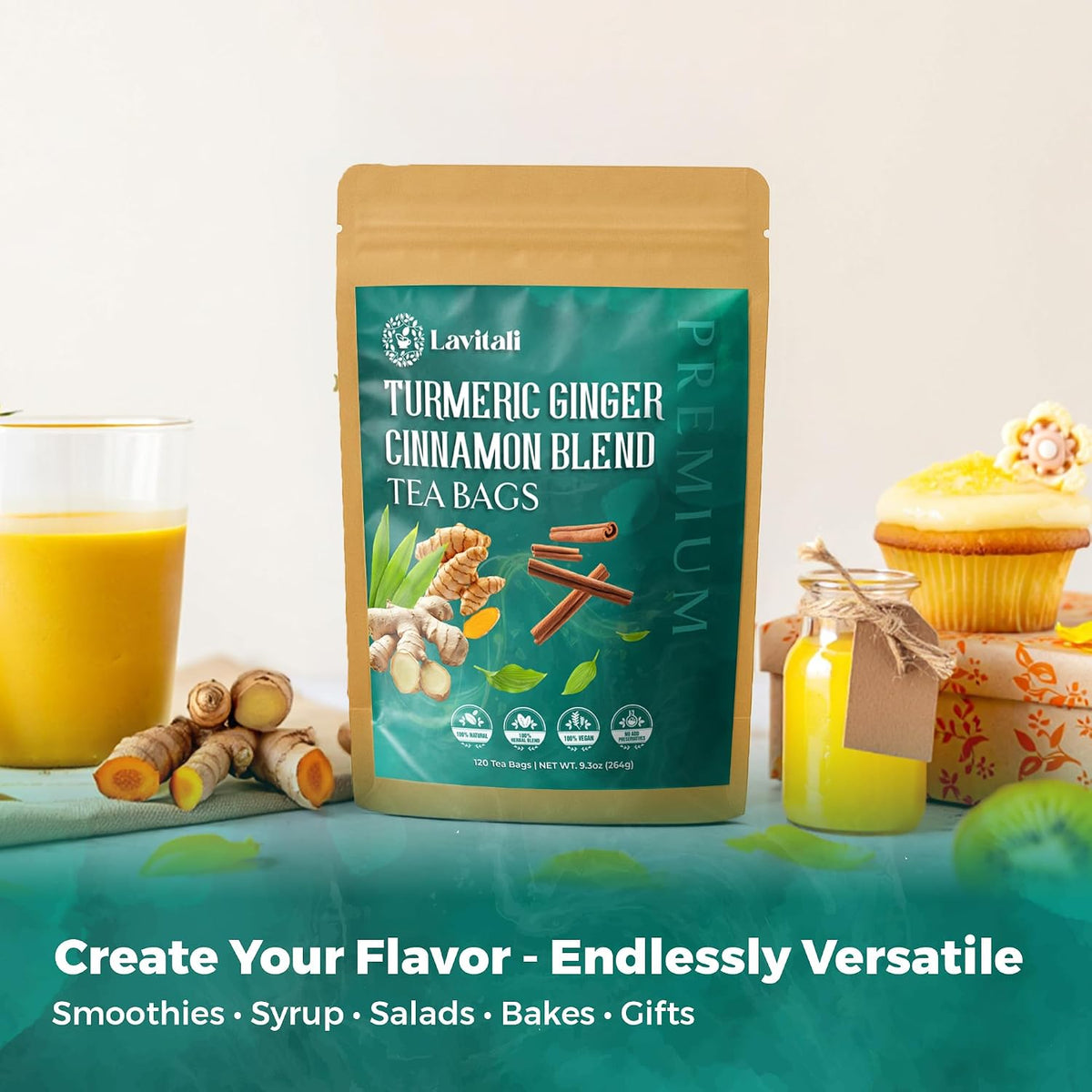 Lavitali, Ginger Turmeric Cinnamon Tea | 60 bags, 100% Pure Herbal Tea | Caffeine-Free, No Sugar, Eco-Friendly Filter Bag | Daily Natural Botanical, Hot or Iced Herbal Infusion