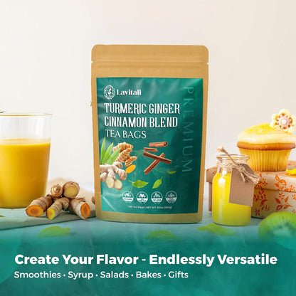 Lavitali, Ginger Turmeric Cinnamon Tea | 60 bags, 100% Pure Herbal Tea | Caffeine-Free, No Sugar, Eco-Friendly Filter Bag | Daily Natural Botanical, Hot or Iced Herbal Infusion