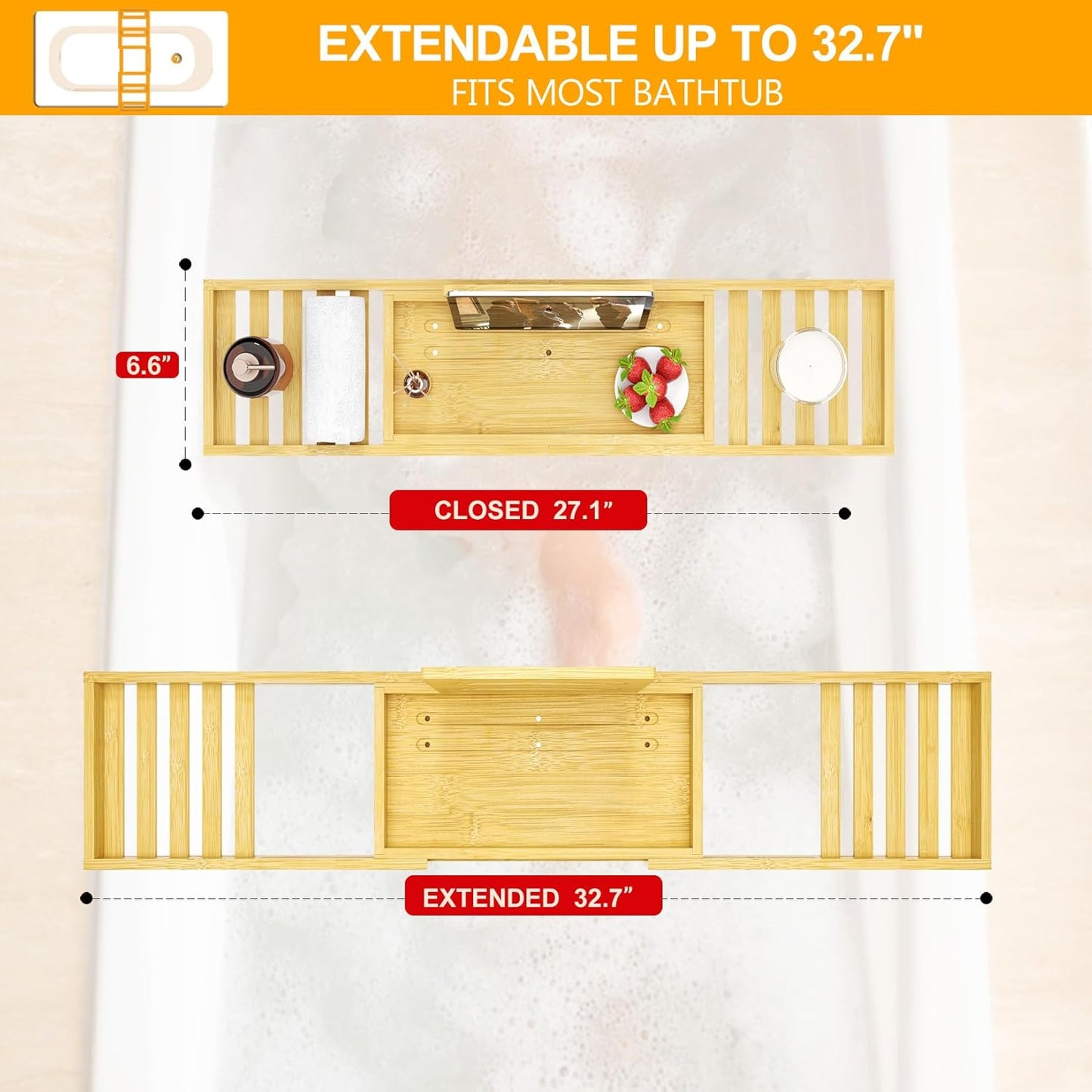 Premium Bamboo Bathtub Tray Caddy - Bath Tub Tray Table for Bathtub - Bath Caddy Tray for Bathtub, Expandable Size, Fits Most Bath Tubs