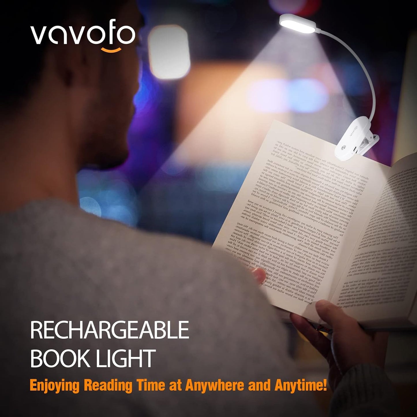 VAVOFO Rechargeable Book Light, 14 LEDs Eye Care Clip On Amber Reading Light for Bookworms Reading in Bed with 9 Colors 9 Brightness (White-Blue)