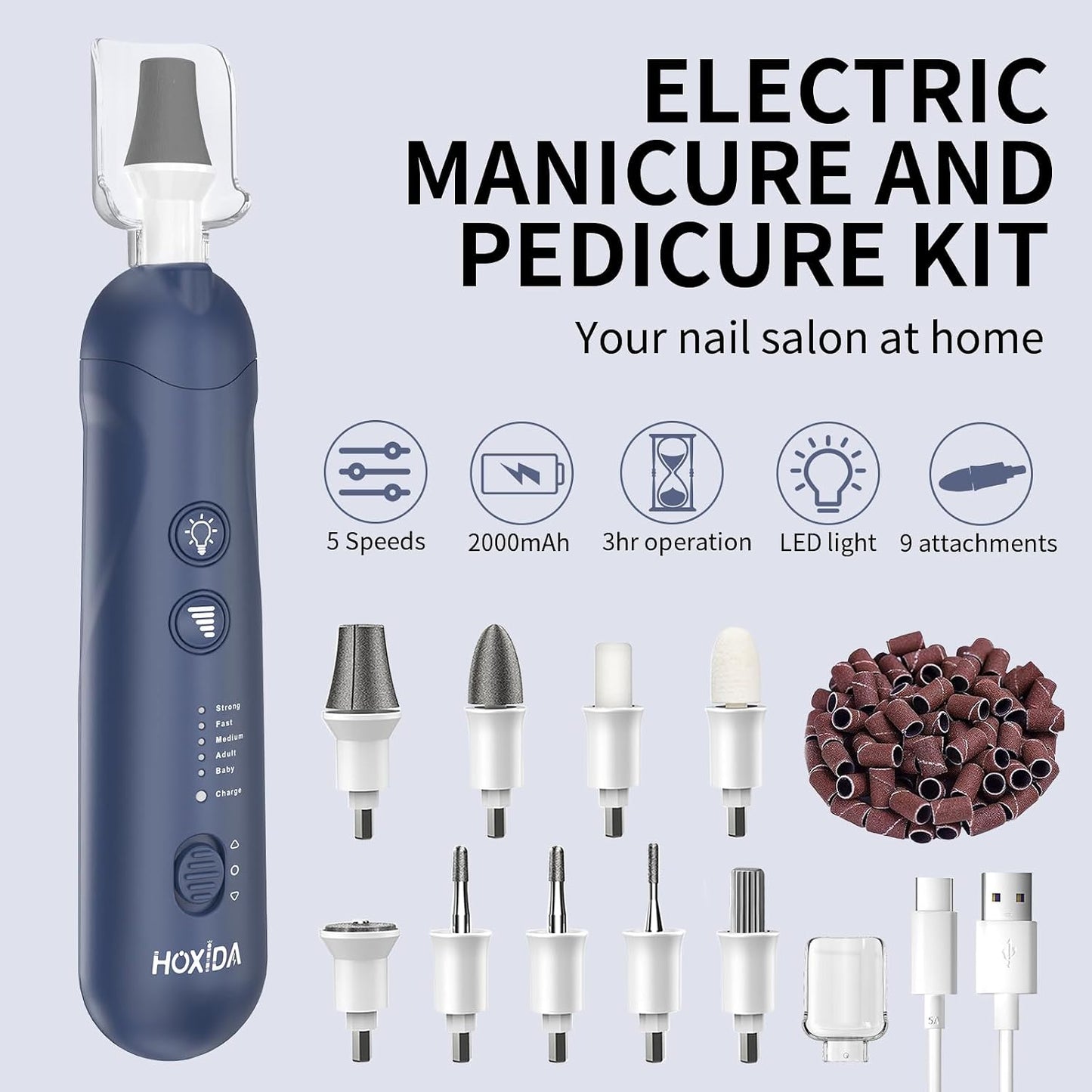 Hoxida Manicure Pedicure Kit, Professional Nail Grinder for Senior Thick Toenail, Cordless Electric Nail File, 5 Speeds Pedicure Tools for feet Callus Remover, Nail Drill for Women Hand Feet Care