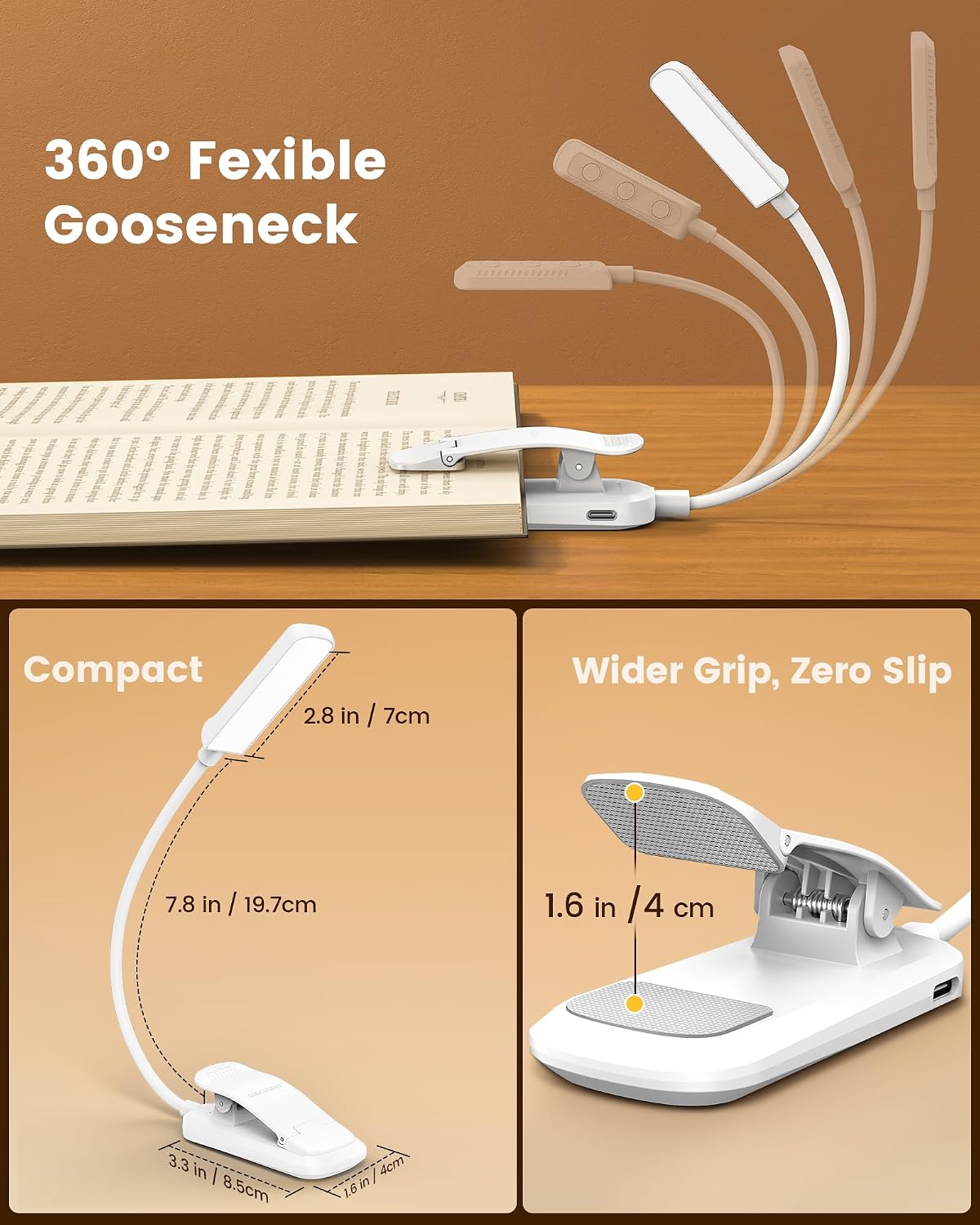 Glocusent 13 LED Reading Lights for Books in Bed, Eye-Caring Rechargeable Book Light 3 Amber Colors & Stepless Dimming, 120 Hrs Runtime, Travel Clip on Reading Lamp, Gifts for Book Lover Men Women Kid