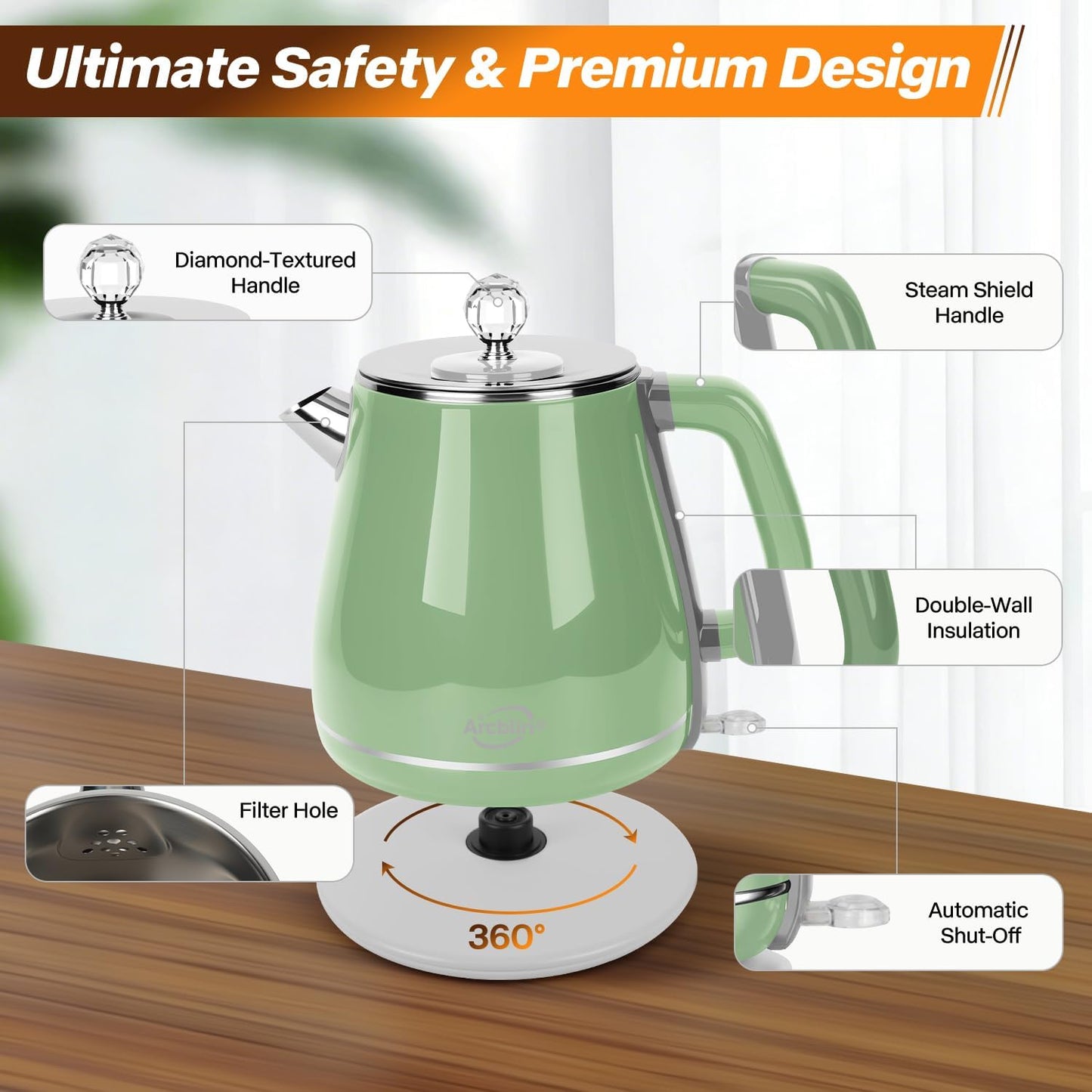 Retro Electric Tea Kettle 1.8L, BPA Free, Stainless Steel Electric Hot Water Kettle for Boiling Water, 1350W Fast Boil, Automatic Shut Off, Boil-Dry Protection,Pearl White