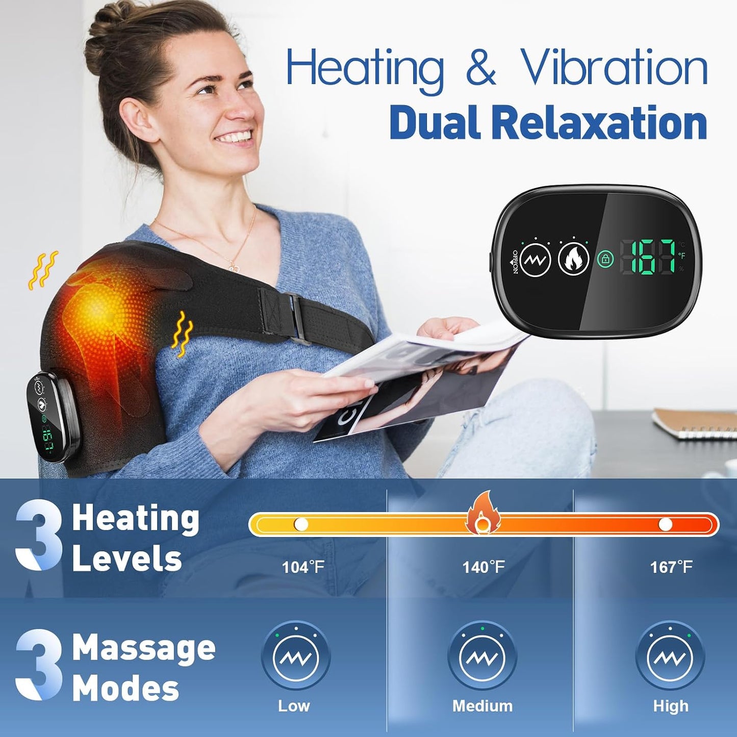 Cordless Shoulder Heating Pad, Heated Shoulder Brace for Men Women Rotator Cuff Pain Relief, Heated Shoulder Wrap with 3 Heat Levels and 3 Vibration Modes for Shoulder Discomfort Relief (Grey)