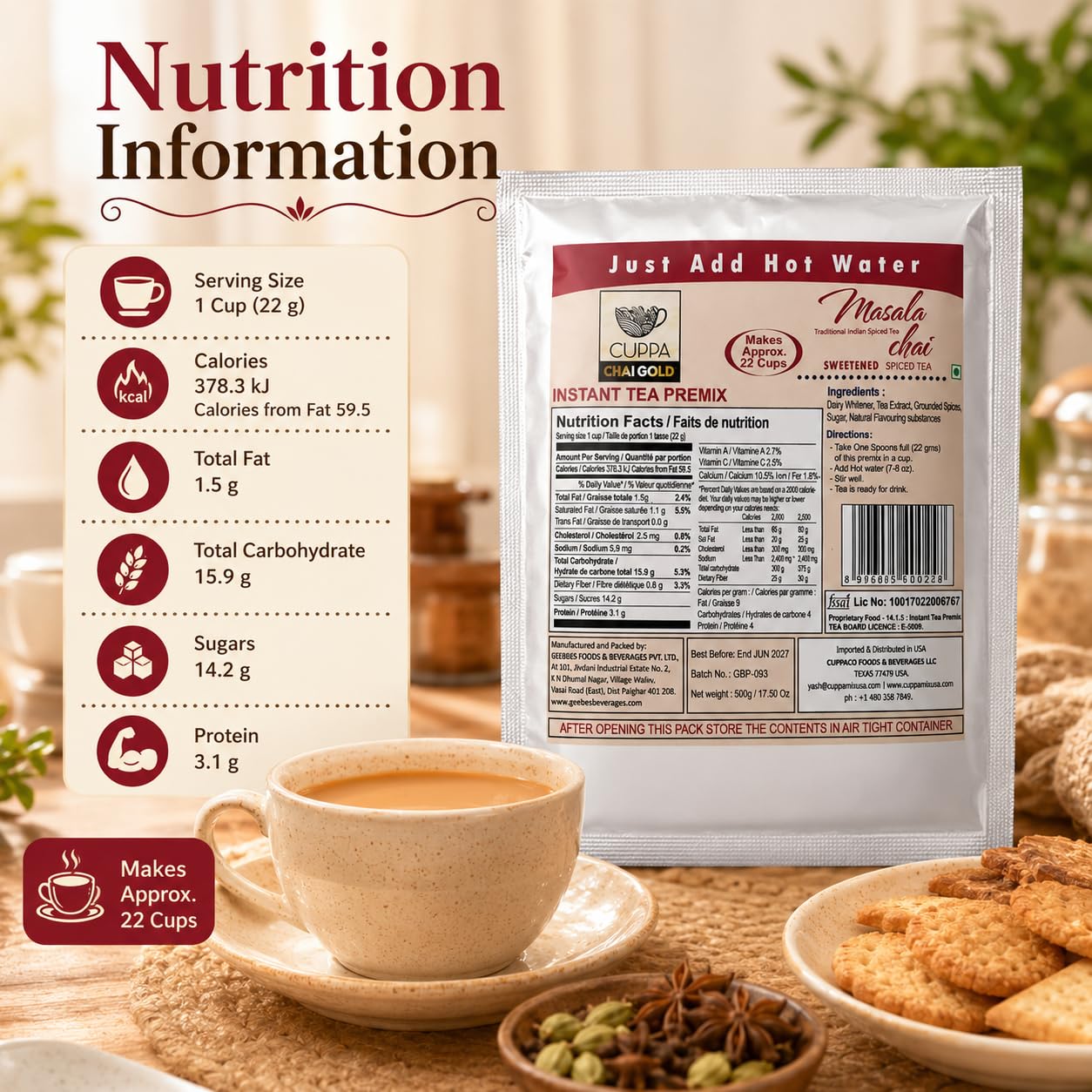 Chai Gold Instant Chai Tea Premix Powder - Sweetened Milk Tea Latte Mix for Home and Beverage Dispensers - [500g / 1.1 lb Bulk Bag] (Kadak)