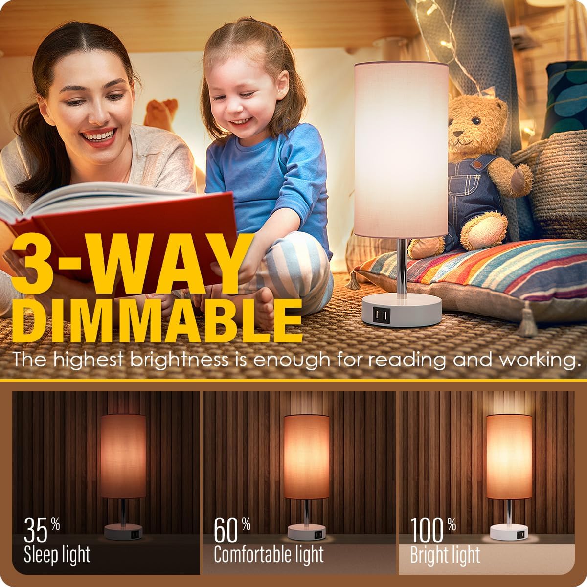 Yarra-Decor Bedside Table Lamp with USB Ports - Touch Control for Bedroom 3 Way Dimmable Nightstand Lamp with Round Fabric Shade for Living Room, Dorm, Home Office, Corded Electric, Without Battery