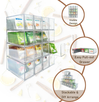 AZEZO 4-Pack Tea Bag Drawers Organizer - 4 Clear Plastic Drawer Tea Bag Holder; Stackable & Portable; Wider Size; Well-Organized Storage for Tea Bags & Kitchen Essentials