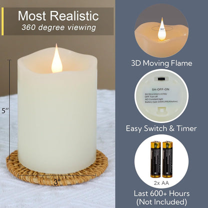 TECHLONG Flameless Candles Battery Operated with Timer, 3D Moving Flame Flickering, Last 600+ Hours Battery Candles, 3" x 3" Ivory Real Wax Electric LED Candle for Wedding Party Decorations