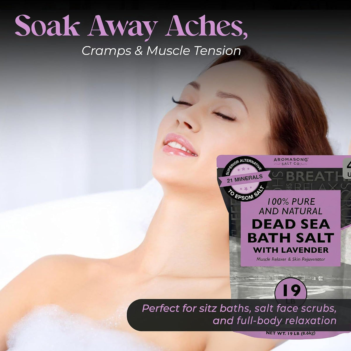 Aromasong Dead Sea Salt - Spa Bath Salt - 19 Lbs Fine Grain Bulk - 100% Pure - Better Absorbing Than Epsom Salt - Soak for Women & Men for Skin Issues and to Relax Tired Muscles - Resealable Pack.