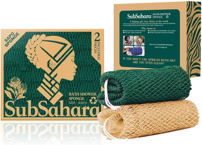 SubSahara Authentic African Net Sponge - 2 Pack Exfoliating Bath & Shower Loofah Sponge for Body & Face, Gentle Scrubber for All Skin Types, Travel, Durable Polyester (Olive Green & Light Green)