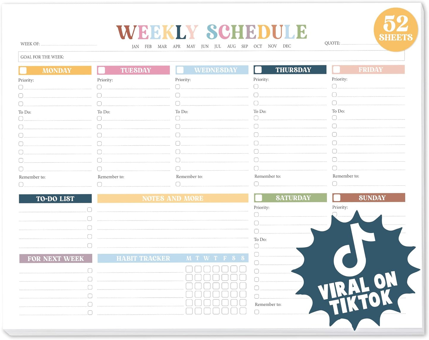 Rainbow Boho Weekly Planner Undated - 52 Sheets Weekly To Do List Notepad, Large 8.5x11" Tear-off Desk Weekly Planner Pad For Work, School, Home Office Organization & Productivity