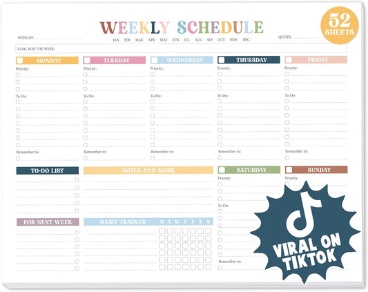 Rainbow Boho Weekly Planner Undated - 52 Sheets Weekly To Do List Notepad, Large 8.5x11" Tear-off Desk Weekly Planner Pad For Work, School, Home Office Organization & Productivity