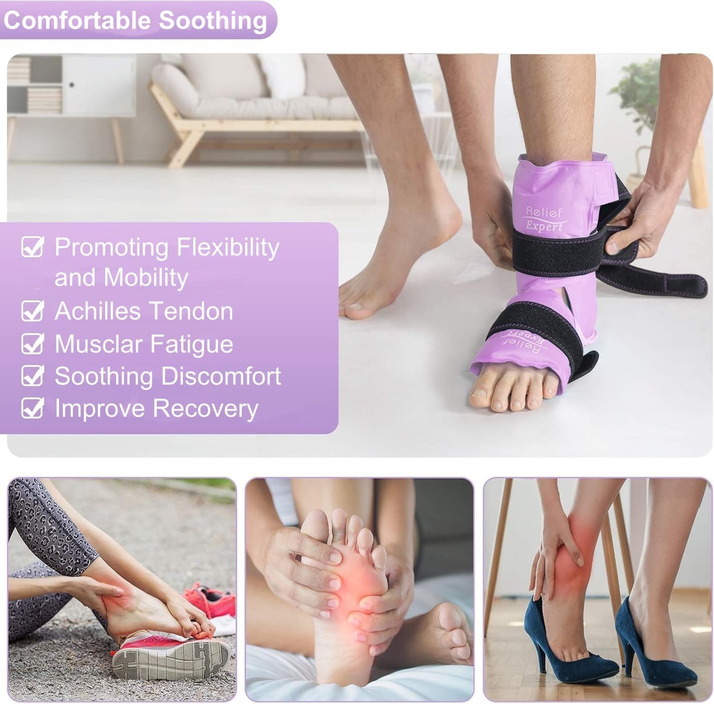Relief Expert Ankle Ice Pack Wrap – Reusable Cold Gel Pack for Foot and Heel, Dual-Sided Design with Soft Plush Lining, Flexible Cold Compress for Achilles and Ankle Support, Blue