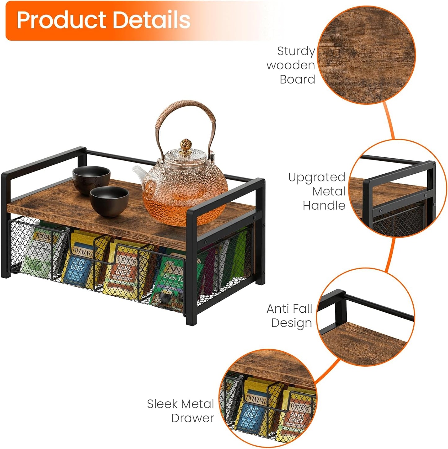 Homode Wood Tea Bag Organizer, Teabag Holder with Drawer, Tea Organizers and Storage Box, 8 Compartments Tea Caddy Station Chests Display Container for Counter Kitchen, Black