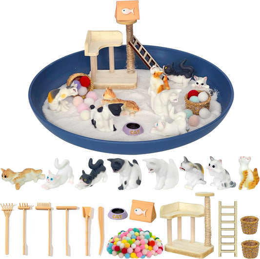 Zen Garden for Desk with Tray Sand Tools Cat Figurines DIY Micro Landscape Ornaments Miniature Meditation Sand Garden Stress Relief Desk Decor for Cat Lover Gifts