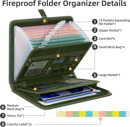 Fireproof Accordion File Organizer, Expanding File Folder with 13 Pockets