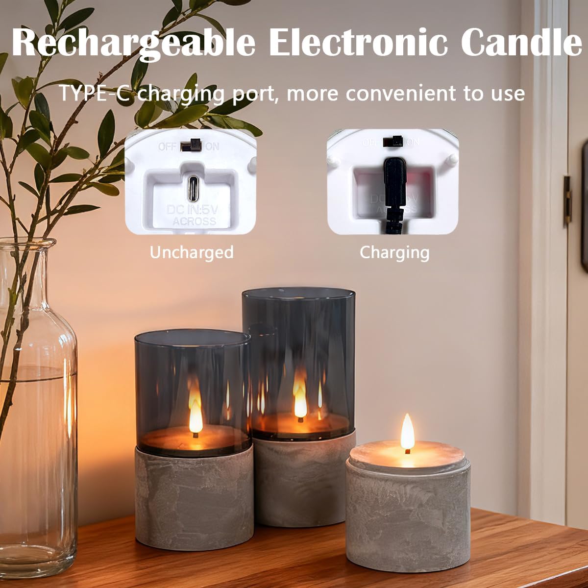 LEDHOLYT Rechargeable Flameless Glass Pillar Candles–Gifts for Women,–Set of 3, Realistic Flickering LED Flame,Remote & Timer, Ideal for Living Room, Bedroom & Halloween Festival Home Party Decor