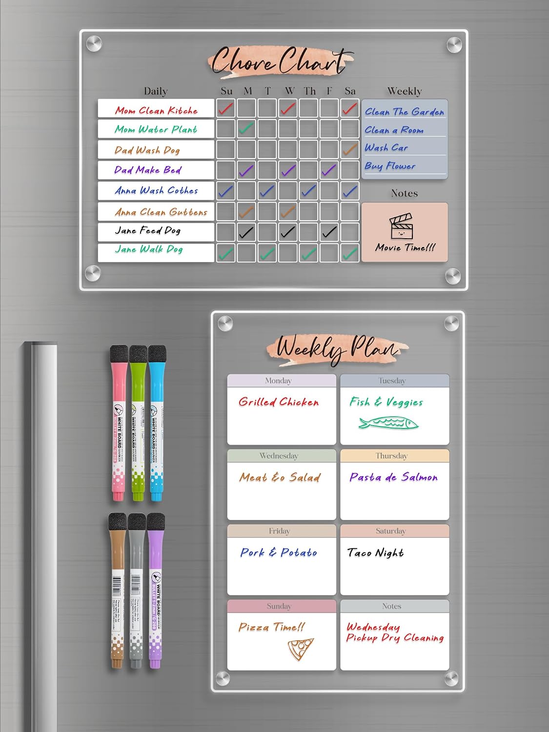 Acrylic Magnetic Kids Chore Board & Star Reward Jar - Dry Erase Fridge Calendar with Erasable Markers, Wooden Stars & DIY Stickers for Visual Schedule, Behavior Tracking & Potty Training Toddlers