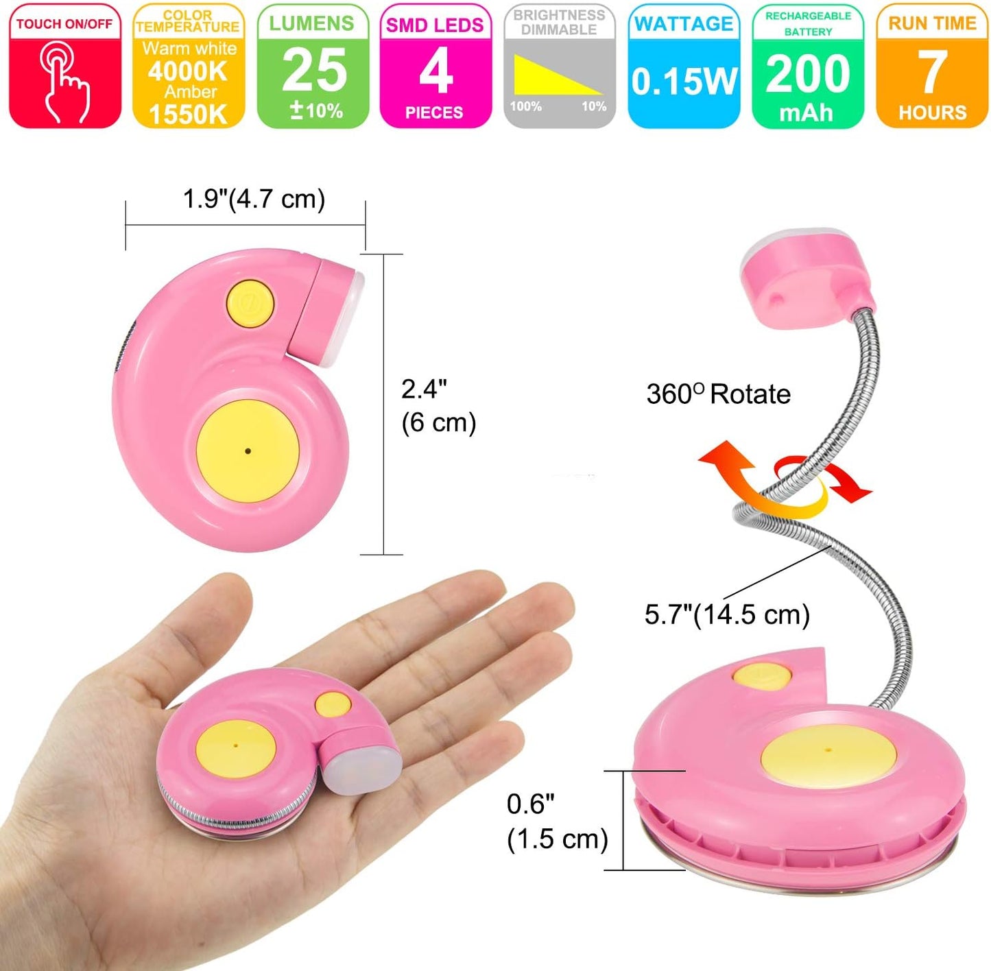 Kids Rechargeable Book Light, Clip on Reading Light for Kid, Kids Reading Lights, Amber Book Light for Reading in Bed, 2 Lighting Modes, Blue Light Blocking, Bookmark Light for Bookworms-Pink