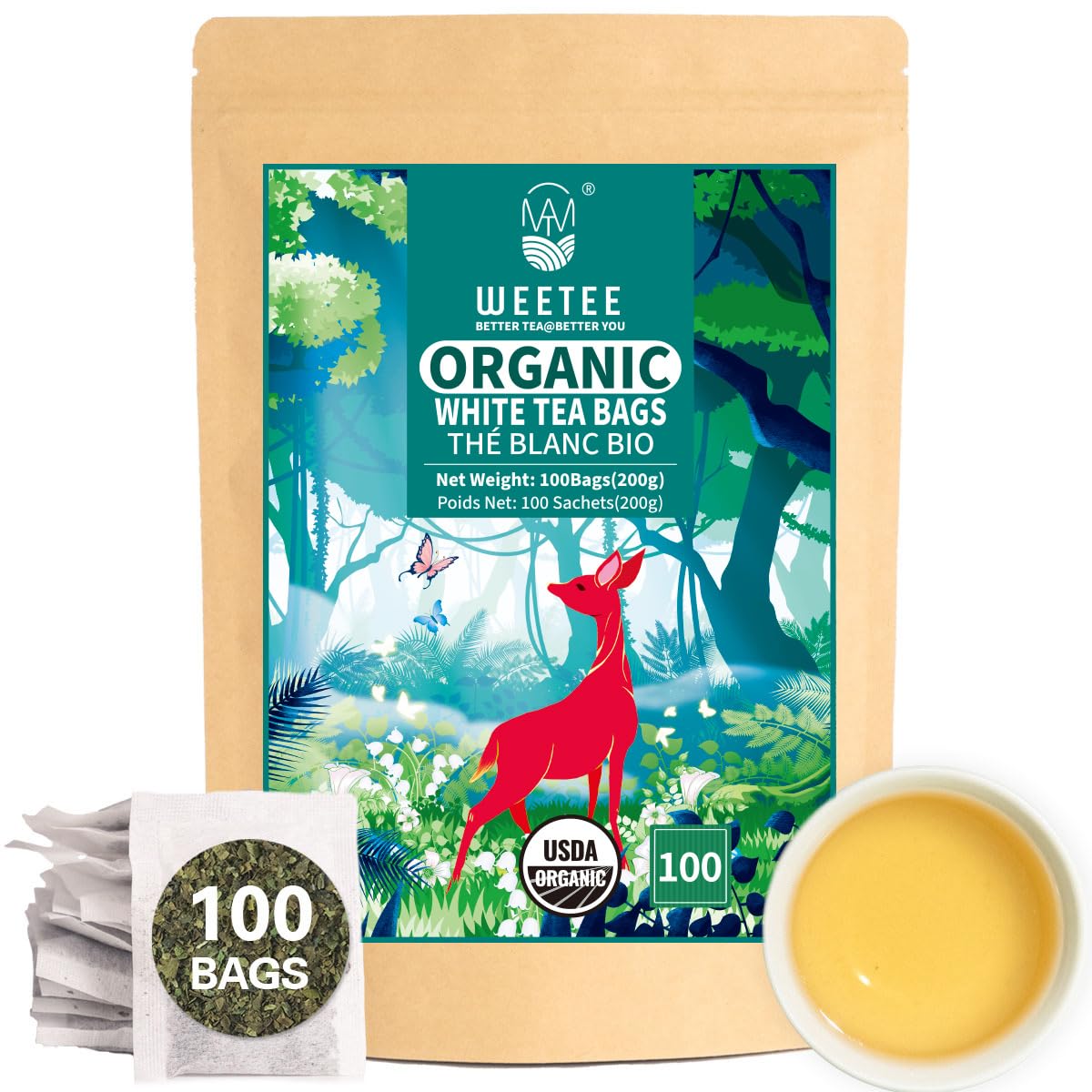 WT WEETEE Organic White Tea Bags 100ct, Low Caffeine & Rich Antioxidants