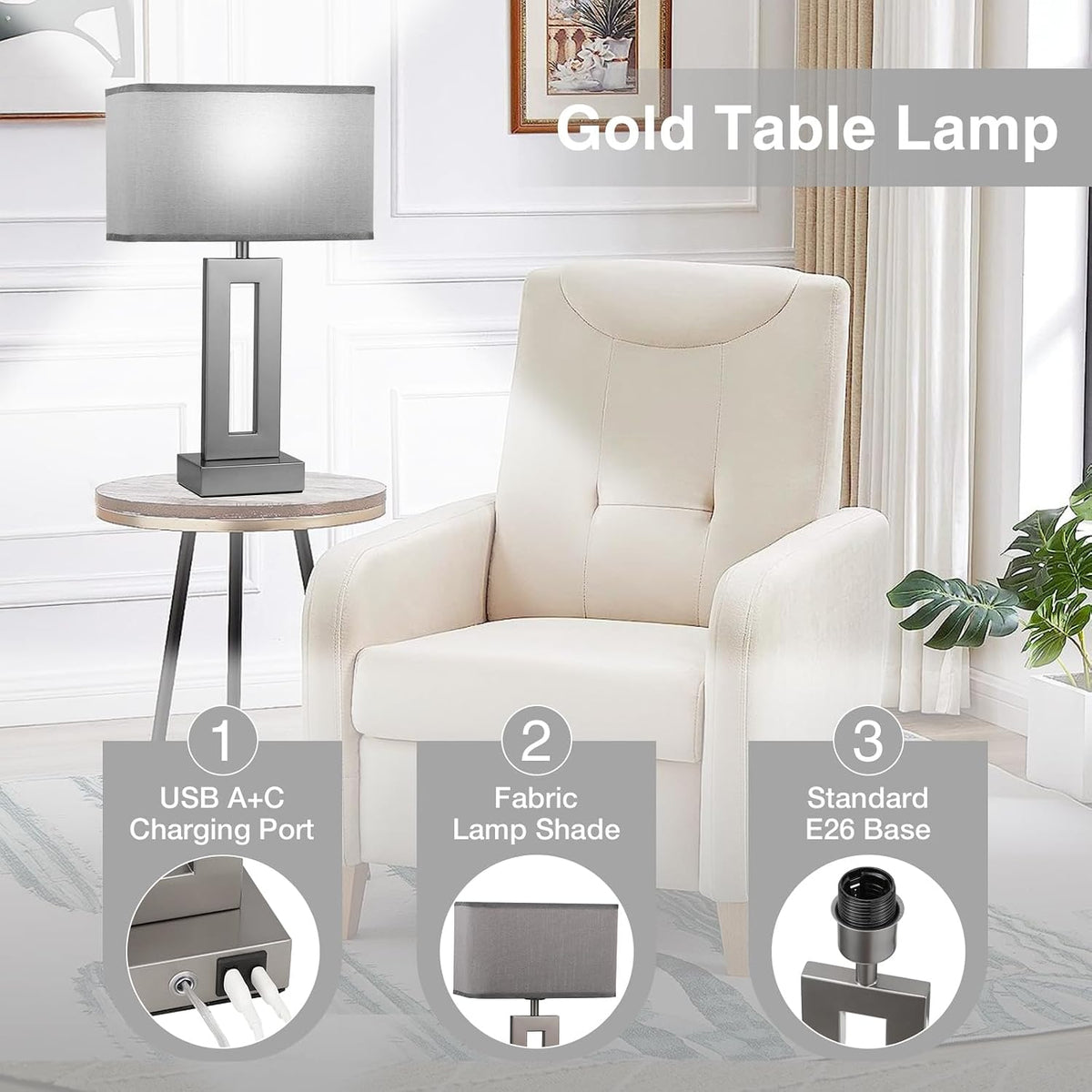 Gold Table Lamps Set of 2, 16.4" Bedside Lamps for Nightstand with USB C+A