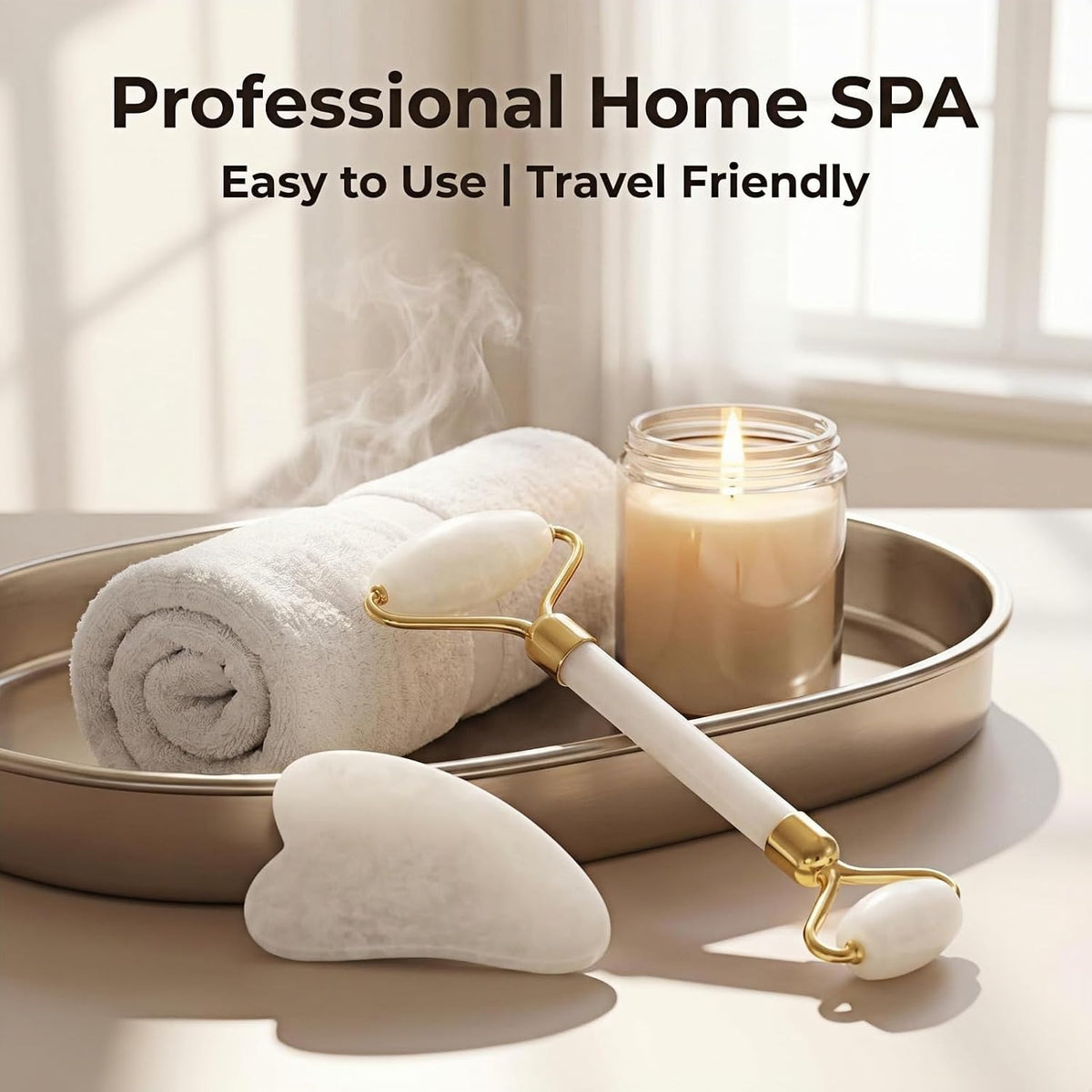 Natural Gua Sha & Jade Roller Set, Gua Sha Tool for Face & Body, Anti-Swelling Skin Tightening Home SPA Tool, Muscle Relief Safe Polished Jade, Self-Care Gift Set for Home Travel