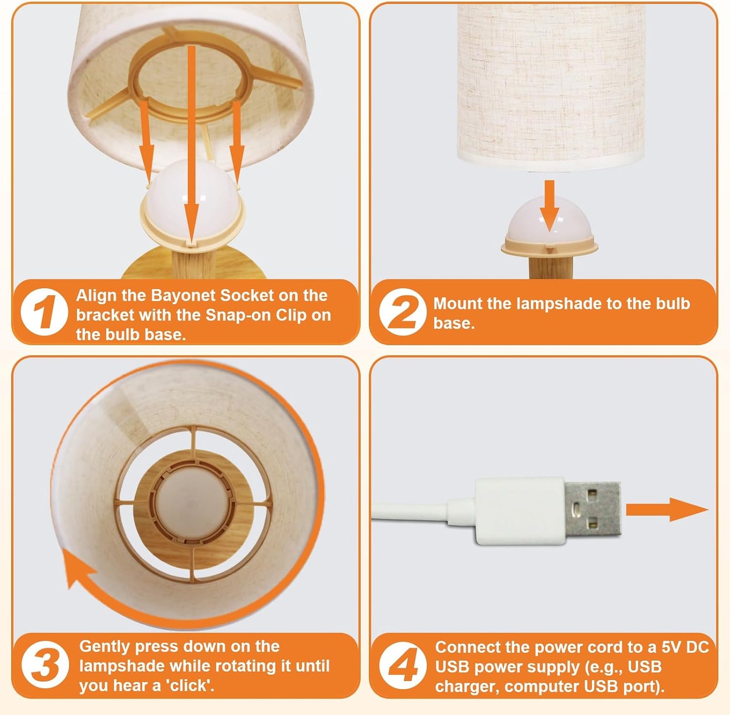 Touch Bedside Table Lamp - Stepless Dimming USB Powered, Minimalist Wood Base Linen Shade, 2700K Warm Light for Bedroom Nightstand Nursery Dorm Small Spaces, 5W LED 50K Hrs (No Bulb Replacement)