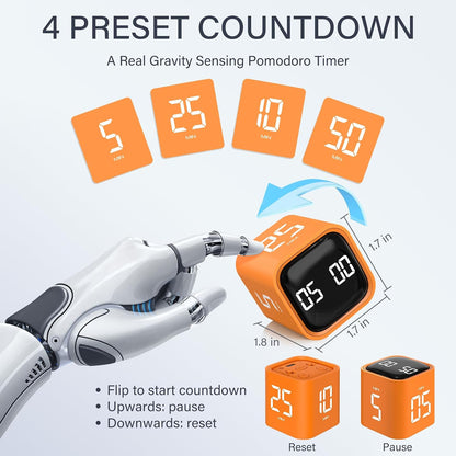 Rotating Pomodoro Timer 5, 25, 10 50 Minutes Preset, Desk Productivity Flip Timer, ADHD Tool Cube Countdown Stopwatch, Vibration/High/Low Volume/Custom Modes, for Work, Study, Back to School, Kitchen