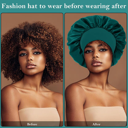 4Pcs Silk Satin Bonnets for Sleeping - Elastic Wide Band Wrap for Black Women Men,Silk Bonnets for Curly Hair,Large Hair Cap for Sleeping (Black+Wine Red+Purple+Brown)