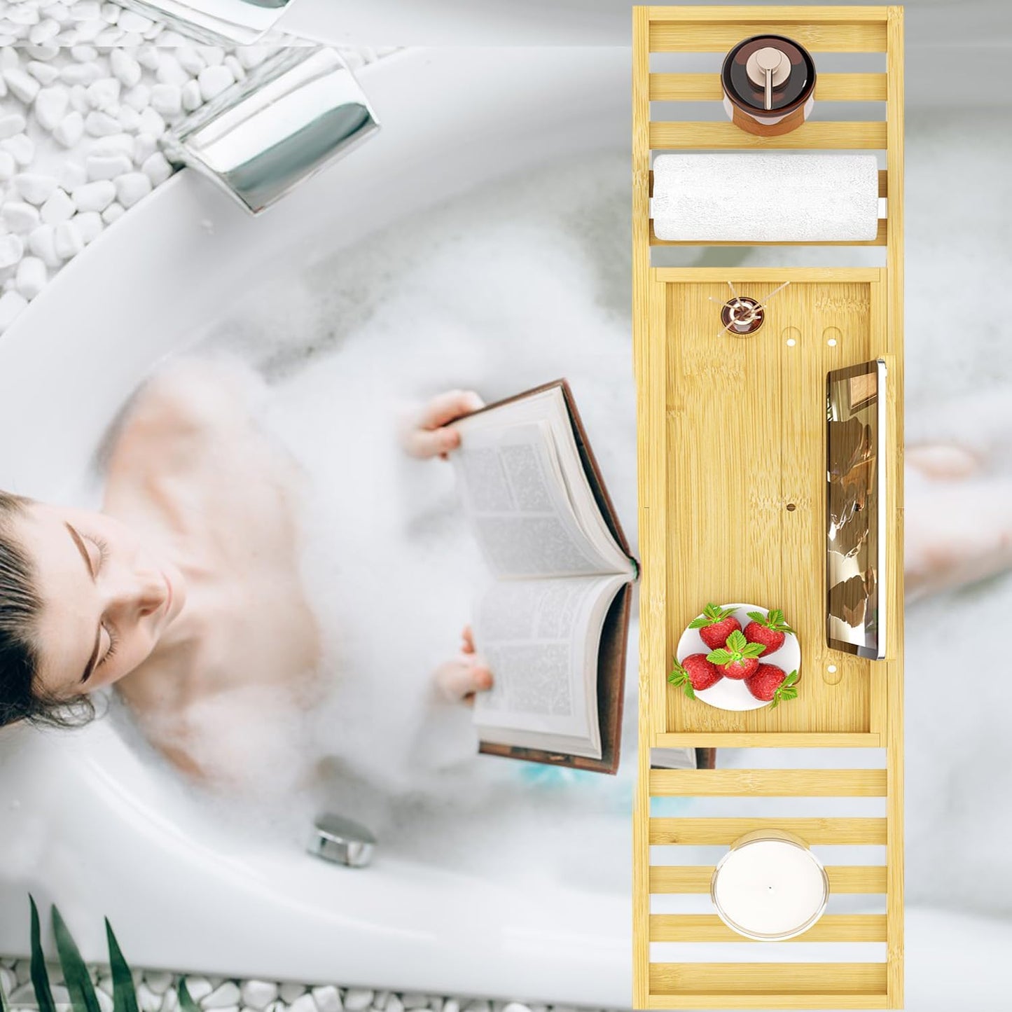 Premium Bamboo Bathtub Tray Caddy - Bath Tub Tray Table for Bathtub - Bath Caddy Tray for Bathtub, Expandable Size, Fits Most Bath Tubs