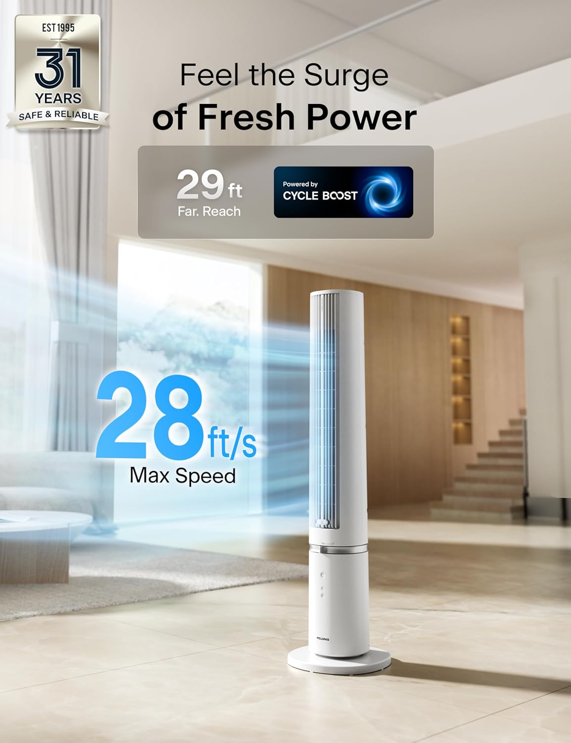 PELONIS 40 inch Bladeless Tower Fan for Bedroom, Standing Fan with Remote Control, 26ft/s, 90° Oscillation, 3 Speed Settings, 27dB, 3 Modes, 15-Hour Timer, LED Display, Fan that Blows Cold Air, White