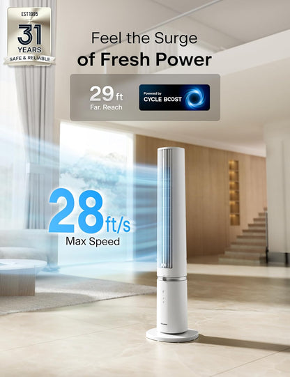 PELONIS 40 inch Bladeless Tower Fan for Bedroom, Standing Fan with Remote Control, 26ft/s, 90° Oscillation, 3 Speed Settings, 27dB, 3 Modes, 15-Hour Timer, LED Display, Fan that Blows Cold Air, White