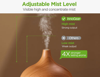InnoGear Aromatherapy Diffuser & 10 Essential Oils Set, 400ml Diffuser Ultrasonic Diffusers for Home Cool Mist Humidifier with 4 Timers 7 Colors Light Waterless Auto Off, Dark Wood Grain
