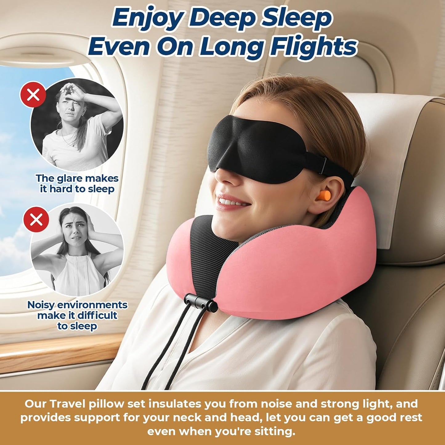 ExploreBliss Travel Pillow, Travel Pillows for Sleeping Airplane, Neck Pillow Airplane, Memory Foam Neck Pillow Set with Eye Mask, Earplugs and Storage Bag -Grey