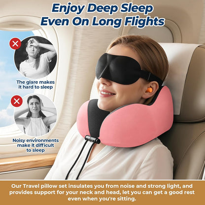 ExploreBliss Travel Pillow, Travel Pillows for Sleeping Airplane, Neck Pillow Airplane, Memory Foam Neck Pillow Set with Eye Mask, Earplugs and Storage Bag -Grey