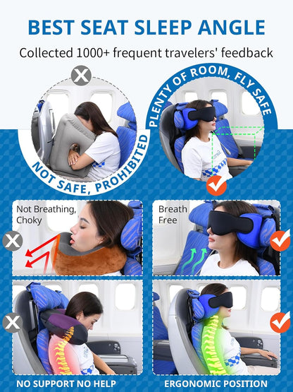 SARISUN Travel Pillows for Airplanes, 2pcs Airplane Pillows for Long Flight with Sleep Eye Mask, Plane Head Strap for Road Trip, 360° Support for Sleeping, Stop Bobblehead Travel Essentials, Black