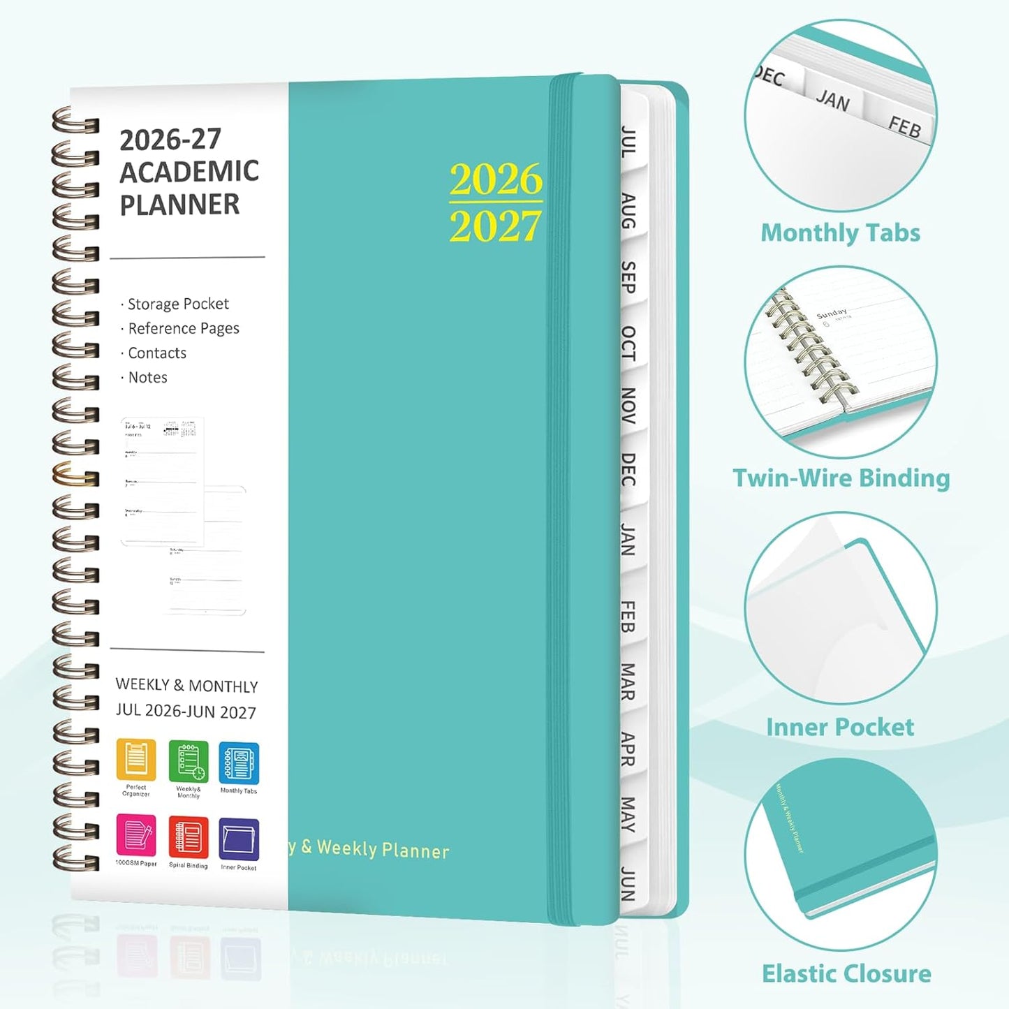 Planner 2026-2027, Weekly and Monthly Calendar Planner, JUL 2026 - JUN 2027 | A5(6.3'' x 8.5''), Hardcover, Agenda Book, Sprial Bound, Inner Pocket, Office and School Use