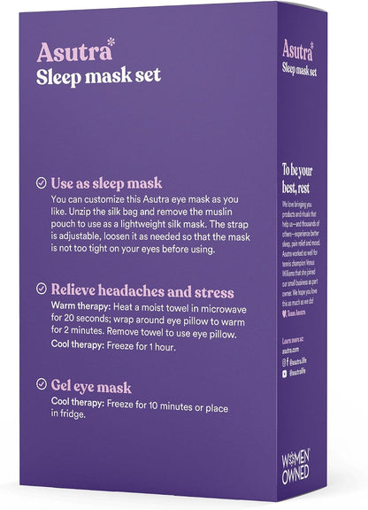 ASUTRA Silk Eye Pillow for Sleep, Black - Filled w/Lavender Buds & Flax Seeds, Weighted Eye Mask, Meditation & Light Blocking Blindfold, Cooling Gel Mask Included