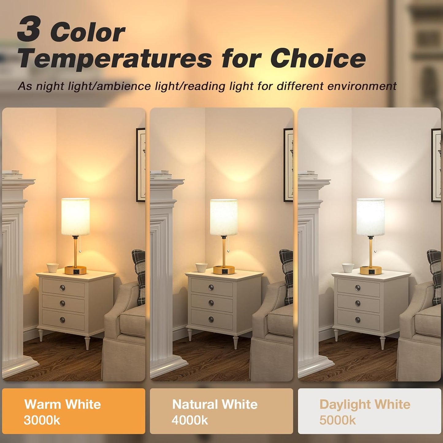 Small Bedside Table lamp for Bedroom - 3 Color Temperatures Bedside Lamps with USB C and A Ports, Pull Chain Table Lamps with AC Outlet, White Nightstand Lamps with Black Metal Base for Kids Reading