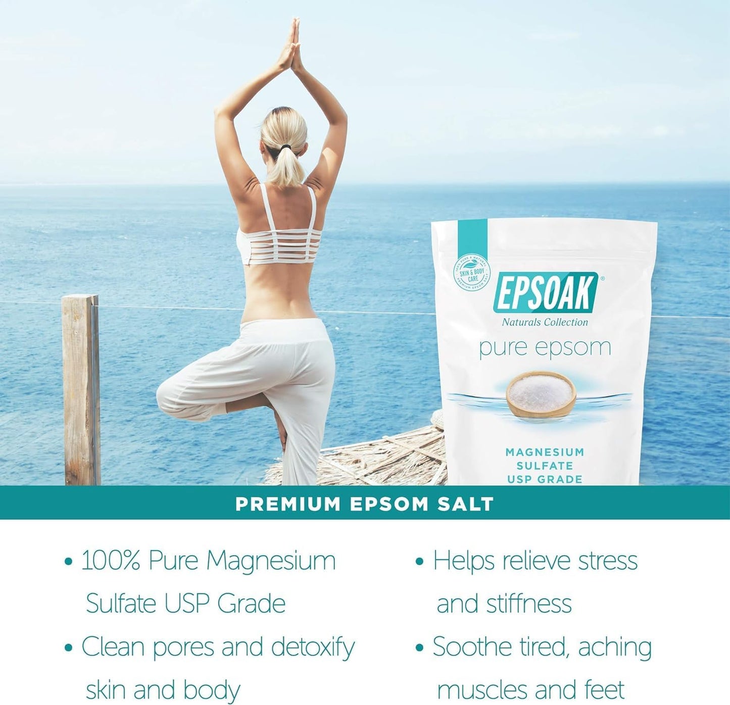 Epsoak Epsom Salt 38 lb. Magnesium Sulfate USP. (Qty. 2 x 19 lb. Bags) Resealable Epsom Salt Bag Unscented, Made in The USA, Cruelty-Free Certified